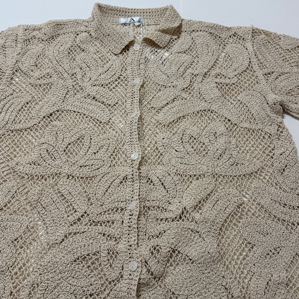 Beige Crochet Button-Up Top and Matching Pants